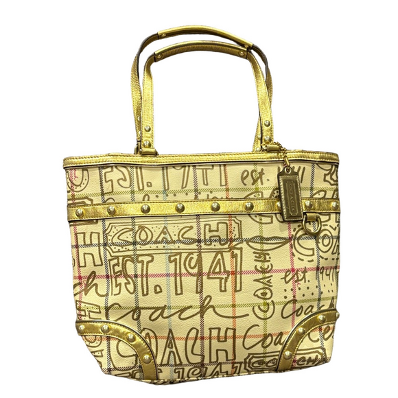 Coach Handbags - Coach Heritage Tattersall Graffiti Gold Tote Bag